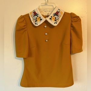 Mustard Yellow Peter Pan Collar Blouse with Embroidery